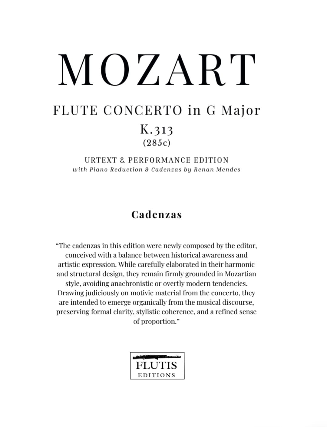 Title page of Mozart Flute Concerto K. 313, Flutis Editions